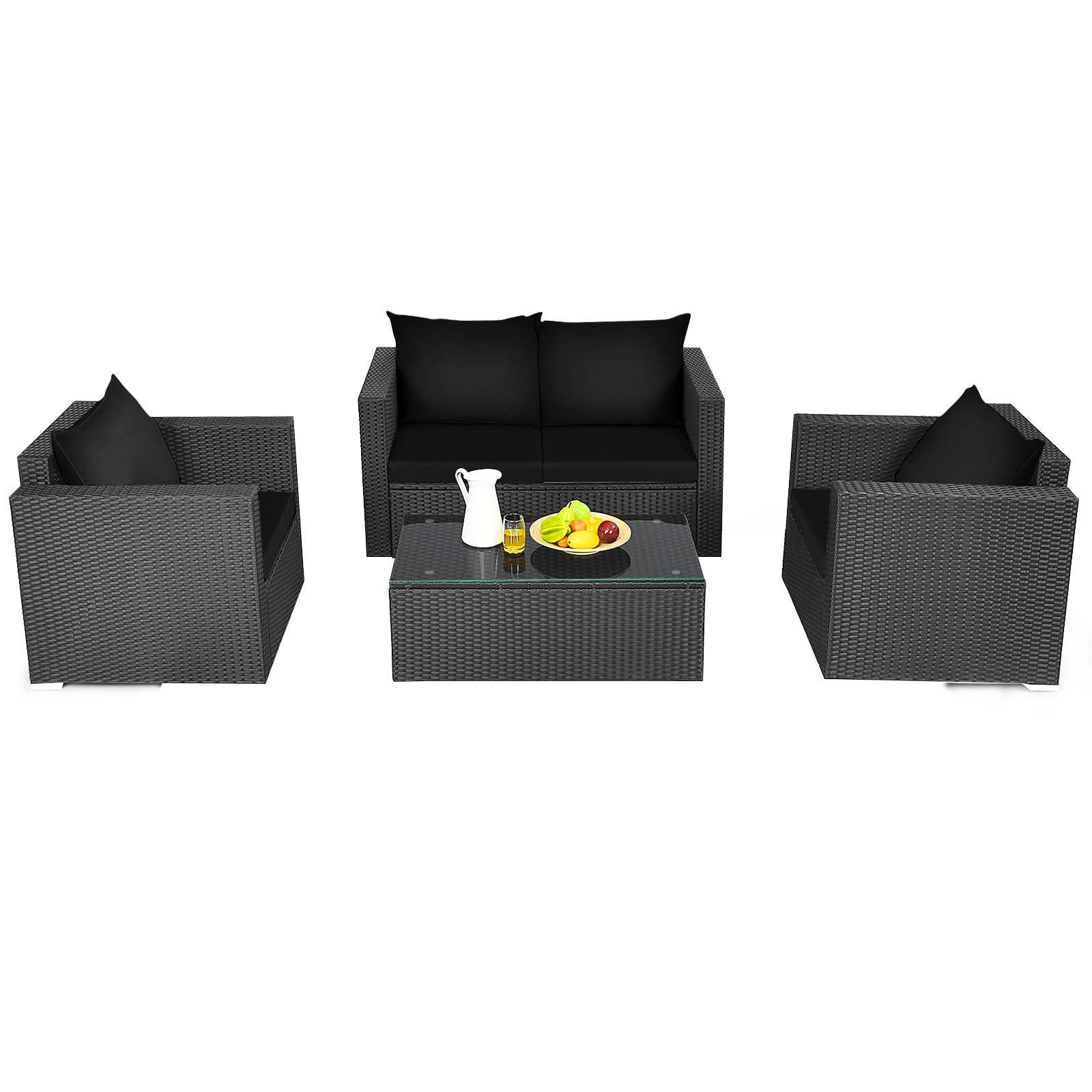 Ensemble de meubles de conversation en rotin pour patio, ensemble de canapés d'extérieur en osier avec coussins rembourrés et table basse en verre trempé